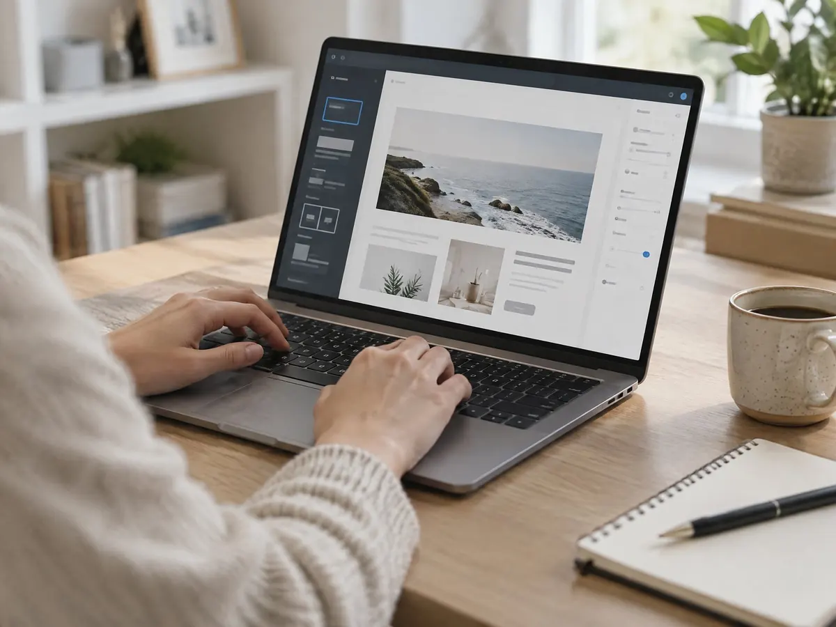 Hände an einem Laptop, auf dem eine Website bearbeitet wird