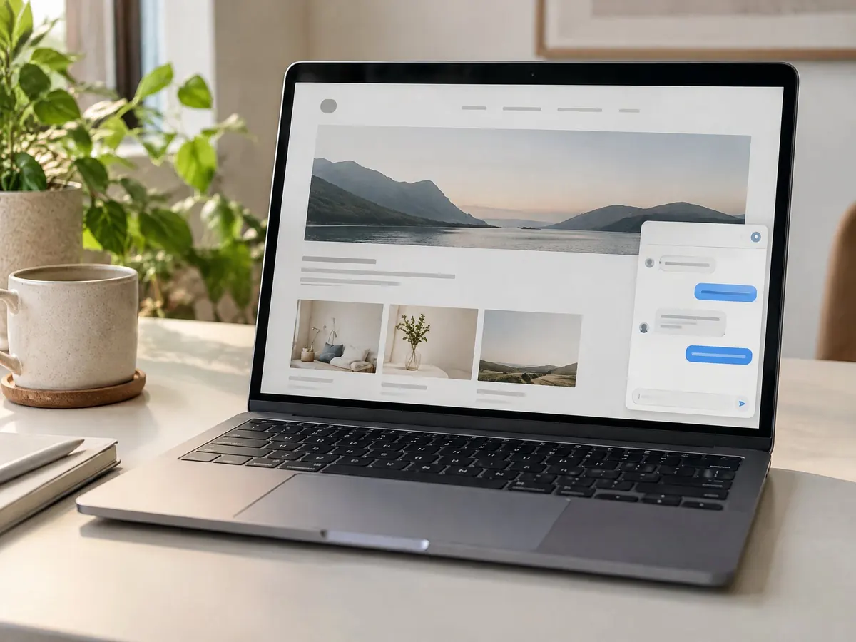 Laptop mit einer Website, auf der ein Chatfenster geöffnet ist