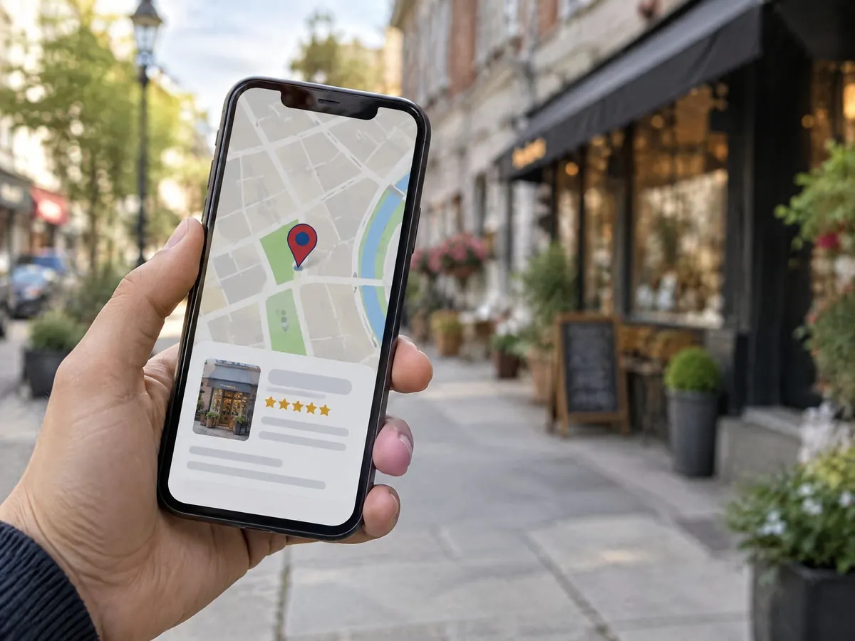 Smartphone mit Kartenansicht und Standortmarkierung eines Geschäfts