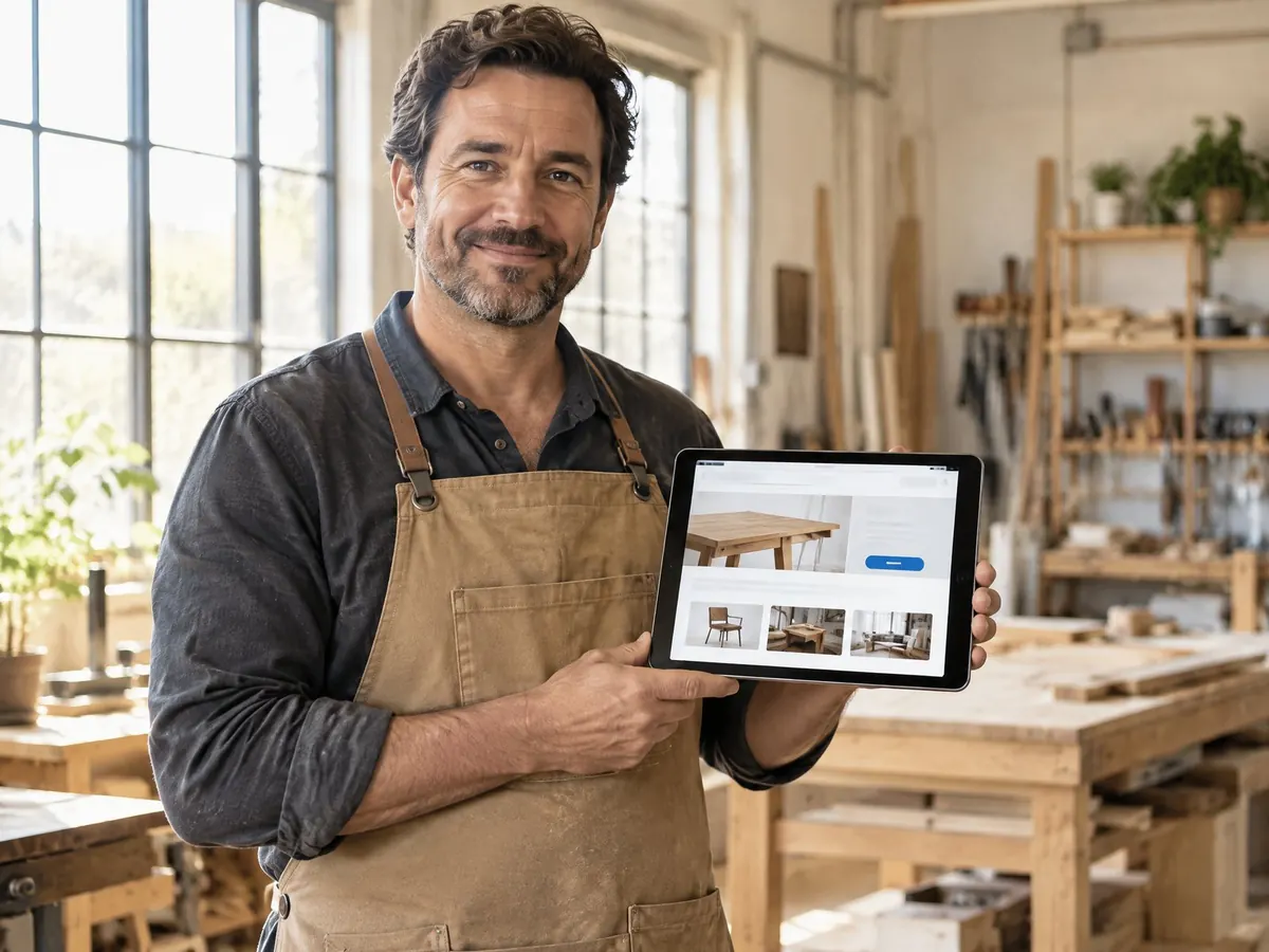 Handwerker in seiner Werkstatt zeigt seine neue Website auf einem Tablet