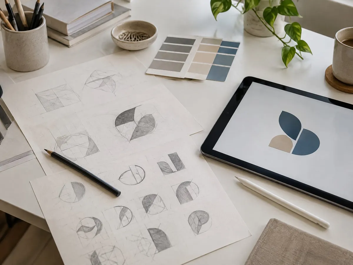 Schreibtisch mit Logoskizzen, Farbmustern und einem Tablet